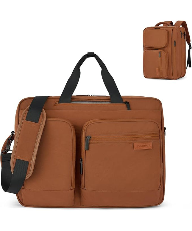 Hanke Convertible Laptop Bag, 3 In 1 Briefcase Backpack 17.3 Inch Computer Bag for Men Women, Travel Laptop Briefcase Messenger Bag, Underseat Carry On Personal Item, Reddish Brown
