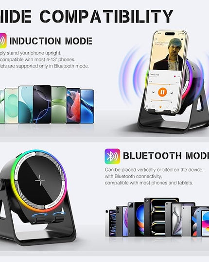 MRMORALE Wireless Induction Speaker, Multifunctional Bluetooth Phone Holder with RGB Light & 360 Rotation, HD Surround Sound, Compatible with iPhone/iPad/Android/Samsung