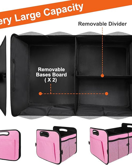 Trunk Organizer, Collapsible Trunk Organizers and Storage, Car Accessories for Women and Men, Multi-Compartment Trunk Storage Organizer for SUV, Car, Mini-Van, Pink
