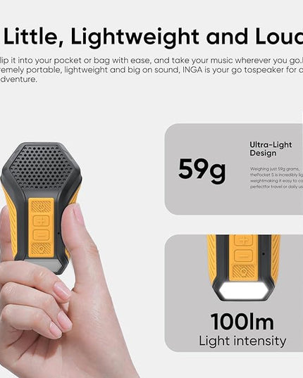 INGA Wearable Bluetooth Speaker, Mini Clip-on Portable Speaker with Light & Warning Lamp, Built-in Mic, Hands-Free Calling, for Work, Cycling, Golf & Outdoor Use (Yellow)