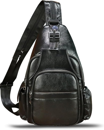 Genuine Leather Sling Bag for Men and Women Handmade Sling Backpack Purse Chest Over Shoulder Crossbody Bag Large Capacity (Black)