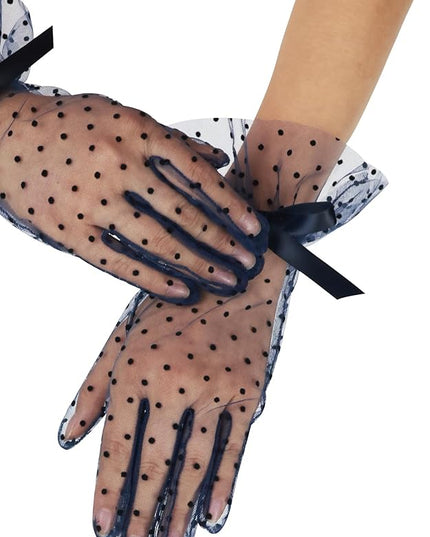 Women's Short Lace Gloves with Bow Ruffles Lace Tea Party Gloves for Wedding Costume Evening Dinner Party