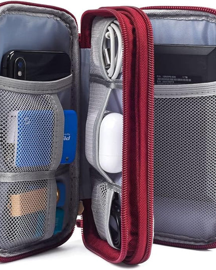 Electronics Accessories Organizer Pouch Bag, Travel Universal Organizer for Cable, Charger, Phone, SD Card, Business Travel Gadget Bag (Wine Red)