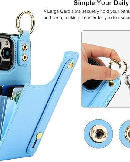 Folosu for iPhone 16 Pro Max Wallet Case with Card Holder, Hand Wrist Strap Loop Holder Kickstand, RFID Blocking Finger Grip Ring PU Leather Double Buttons Shockproof Cover 6.9" Blue
