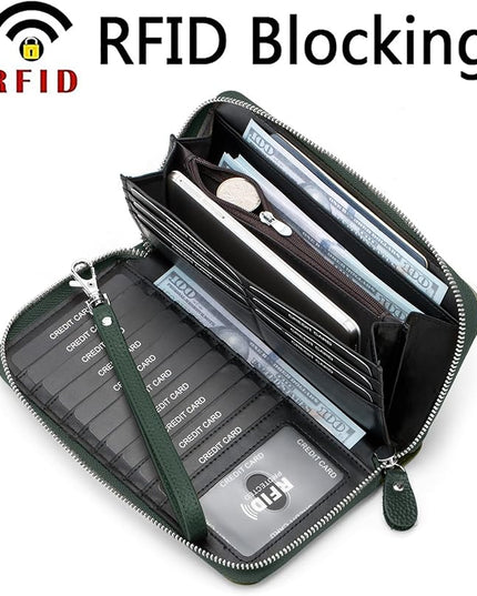 Moflycom Womens Wallet RFID Blocking Genuine Leather Multi Credit Card Large Capacity Zip Around Clutch Travel Purse Wristlet