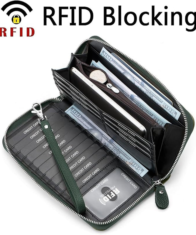 Moflycom Womens Wallet RFID Blocking Genuine Leather Multi Credit Card Large Capacity Zip Around Clutch Travel Purse Wristlet