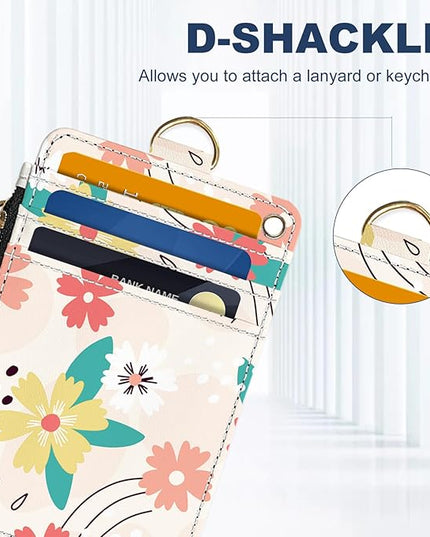 Slim Wallet Credit Card Holder, Pink and green flowers, RFID Wallet Women Cute Small Front Pocket Wallet With Zipper, PU Leather Thin travel RFID Blocking Card Case ID Window,Ladies Gifts