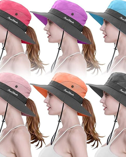 6 Pieces Womens Ponytail Wide Brim Sun Hat Packable UV Protection Beach Cap for Fishing & Hiking