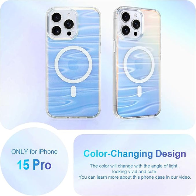 Cute Case for iPhone 15 Pro Case for Women Girls [ Compatible with Magsafe ] Clear Glitter Girly Aesthetic Rainbow Sparkly Bling Magnetic Phone Cover, Iridescent Milky Way