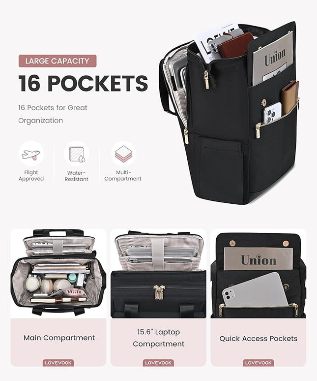 LOVEVOOK Laptop Backpack for Women, 15.6 Inch Work Laptop Bag with USB Port, Fashion Teacher Nurse Backpack Purse, Waterproof Travel Computer Backpack with Organizer Bag, 2PCS