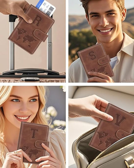 Passport Holder Wallet Cover Personalized Letter A-Z Travel Wallet RFID Blocking Passport Cover Wallet Case for Travel Passport Book Holders for Women and Men, Brown-W