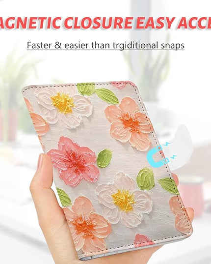Passport Holder, Travel Wallet Cover with Pen Loop | Cute RFID Blocking Leather Case with Magnetic Closure for Travel Essentials-Flower