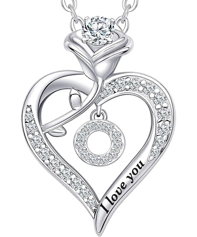 Rose Heart Pendant Necklace Gifts for Wife, Engraved 'I love you' Gift for Wife Girlfriend, Anniversary Birthday Eternity Jewelry Present for Women, Moissanite Necklace Gift for Her