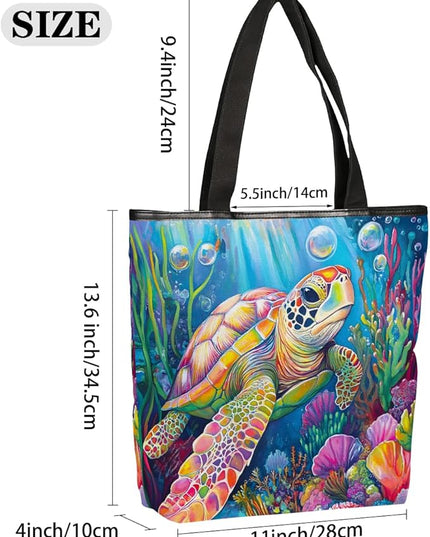 Pardick Canvas Tote Bags, Ocean Turtle Tote Bag Eco Friendly Reusable Grocery Shopping Bagsfor Beach, Books, Women with Zipper Inner Pocket