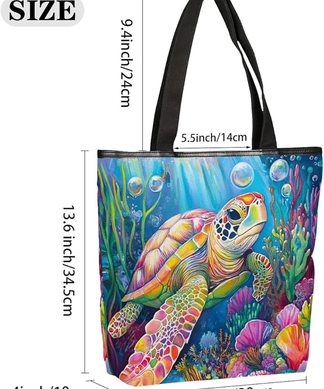 Pardick Canvas Tote Bags, Ocean Turtle Tote Bag Eco Friendly Reusable Grocery Shopping Bagsfor Beach, Books, Women with Zipper Inner Pocket