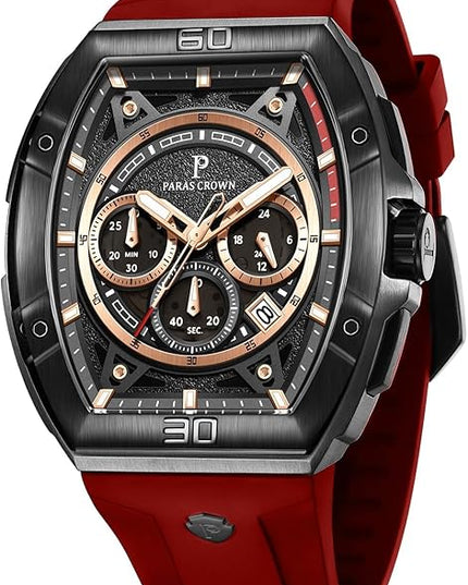 Paras Crown Watches for Men Tonneau 5ATM Waterproof Quartz Luxury Chronograph Analog Men's Wrist Watches Stainless Steel Case Mens Watches