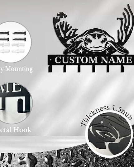 Casebrick Custom Sea Turtle Metal Wall Hooks,Key Holder-Personalized Iron Wall Decor for Keys, Coats & Home Organization (Black, Handmade,Decorative for Entryway, Beach,Bedroom,Office) (Style H)