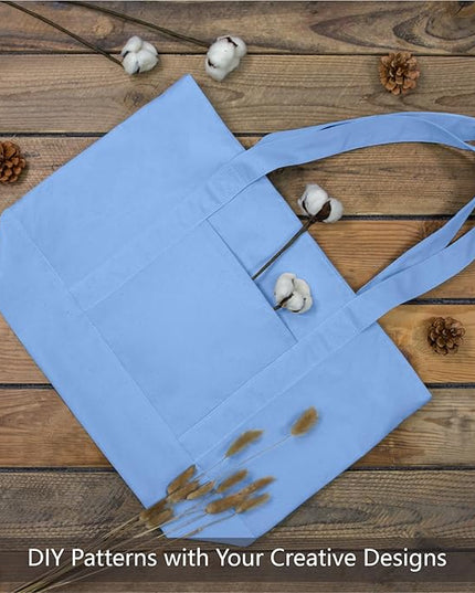TOPDesign 6-Pack Canvas Tote Bags with an External Pocket, Reusable Grocery Shopping Bags, Top Zipper Closure, Daily Essentials (Light Blue)