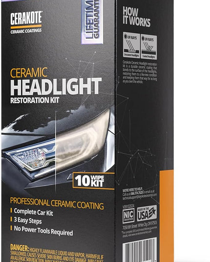CERAKOTE® Ceramic Headlight Restoration Kit – Guaranteed To Last As Long As You Own Your Vehicle – Brings Headlights Back to Like New Condition - No Power Tools Required - 10 Wipe Kit