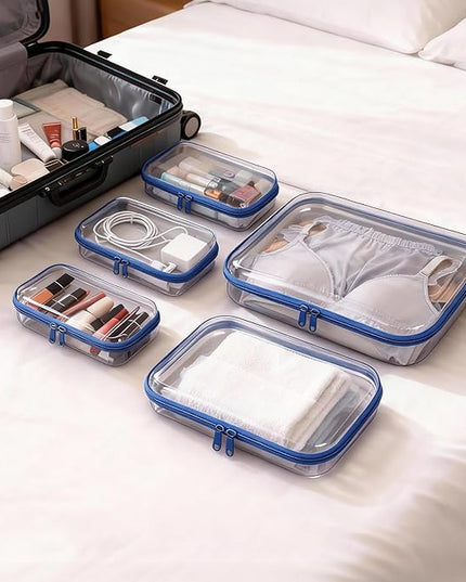 5 Pack Clear Hard Shell Zipper Pouches, TSA Friendly Transparent Design for Toiletries & Electronics, Crush-Resistant Storage for Carry-On Travel (Blue)