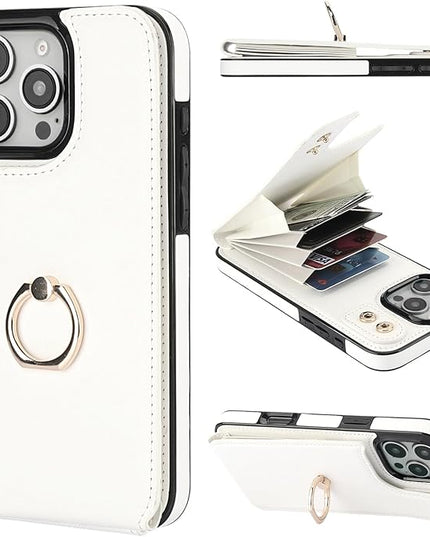Folosu Compatible with iPhone 16 Pro Max Case Wallet with Card Holder, 360°Rotation Finger Ring Holder Kickstand, RFID Blocking Leather Protective Double Buttons Shockproof Cover 6.9 Inch White