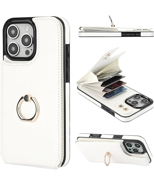 Folosu Compatible with iPhone 16 Pro Max Case Wallet with Card Holder, 360°Rotation Finger Ring Holder Kickstand, RFID Blocking Leather Protective Double Buttons Shockproof Cover 6.9 Inch White