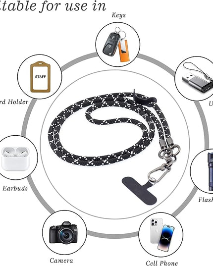 Phone Lanyard Universal Cell Phone Strap Crossbody Strap for iPhone Lanyard Around the Neck Extra Long Rope with Tether Tab for Men and Women (White on Black)