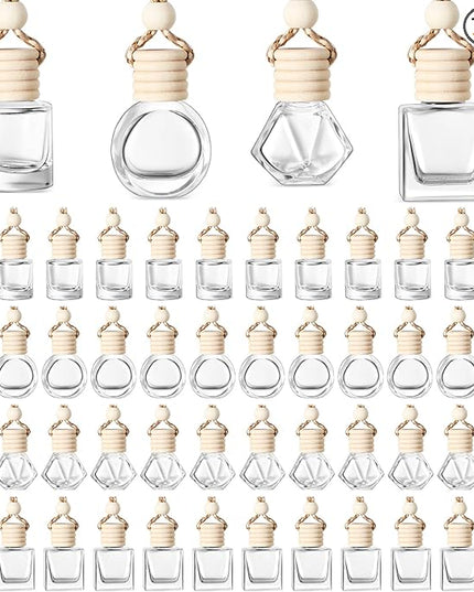 BOTO 100 Pcs Oil Air Freshener Diffuser with Wooden Cap Empty Essential Diffuser Aromatherapy Car Fresheners Clear Car Fragrance Holder Pendant Aesthetic Decor Hanging Perfume Bottle (Various Style)