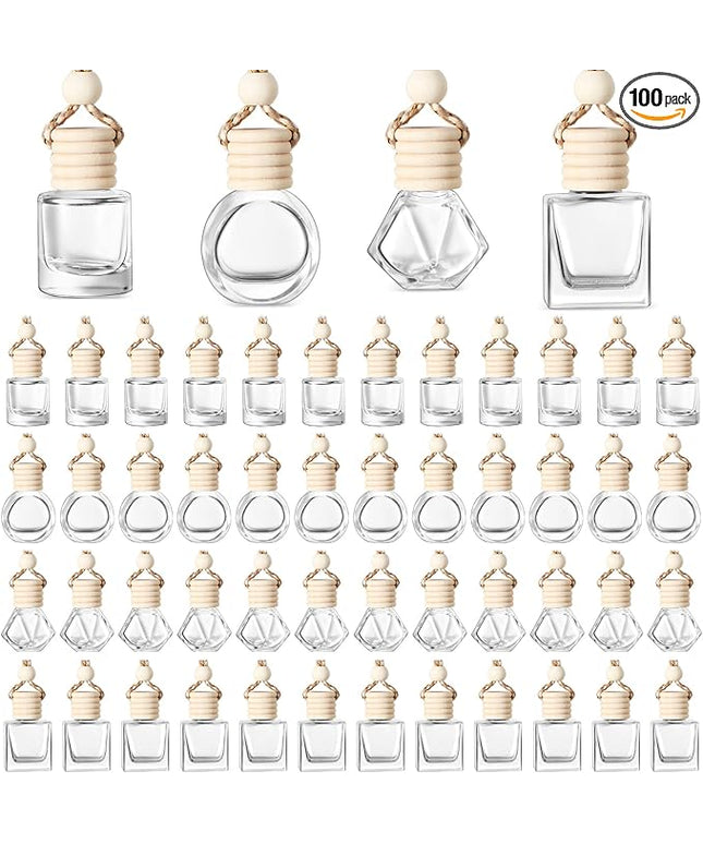 BOTO 100 Pcs Oil Air Freshener Diffuser with Wooden Cap Empty Essential Diffuser Aromatherapy Car Fresheners Clear Car Fragrance Holder Pendant Aesthetic Decor Hanging Perfume Bottle (Various Style)