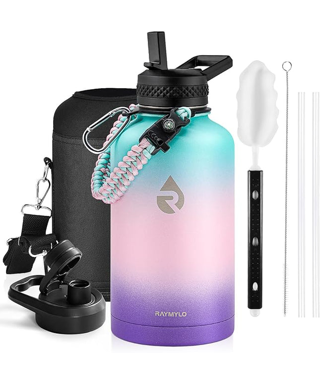 Insulated Water Bottle 64 oz, Triple Wall Vacuum Stainless Steel (Cold for 48 Hrs), Leak Proof & Non-BPA, Half Gallon Water Flask Jug with Paracord Handle & Straw Spout Lids, Hydrangea