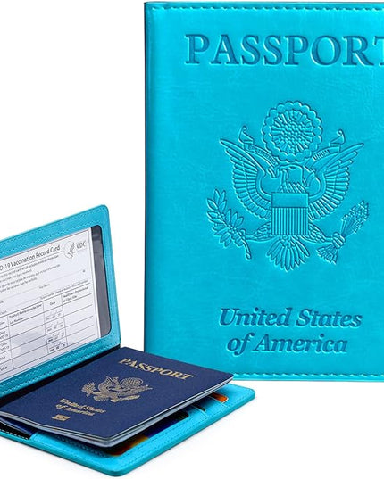 Passport Holder Cover Wallet Case RFID Blocking Leather Card Slot Travel Accessories Documents Organizer Protector for Women Men, Sky Blue