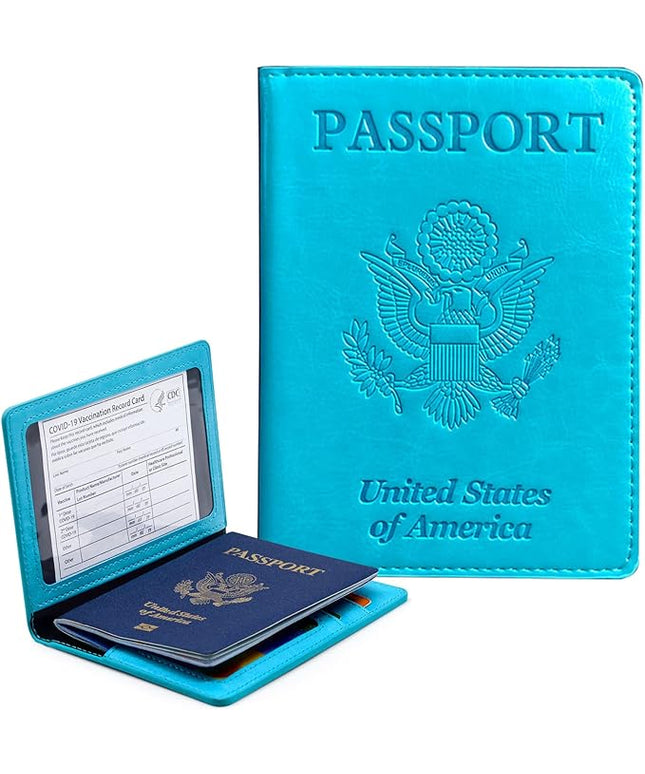 Passport Holder Cover Wallet Case RFID Blocking Leather Card Slot Travel Accessories Documents Organizer Protector for Women Men, Sky Blue