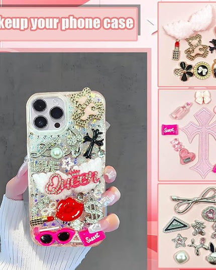 Sutesloly Junk Case Charms Kit, Pink y2k Glitter Phone Case Charm with Storage Box, Kawaii DIY Accessories for Bags, Shoes, Crafts,Cute Bow,Resin Flat Bottomed Drill,Star Letters,Butterfly