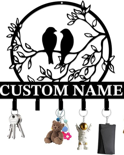 Personalized Custom Name Birds of Trees Wall Key Hooks,Metal Birds of Trees Art Clothes Hooks,Metal Birds of Trees Wall Home Storage Decorative,For Front Door, Hallway, Kitchen, Bedroom (Style F)