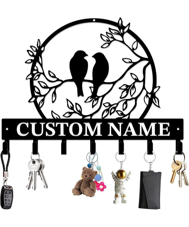Personalized Custom Name Birds of Trees Wall Key Hooks,Metal Birds of Trees Art Clothes Hooks,Metal Birds of Trees Wall Home Storage Decorative,For Front Door, Hallway, Kitchen, Bedroom (Style F)