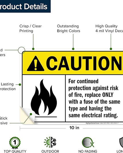Warning For Continued Protection Against Risk Of Fire Replace Sign, 10x7 Inches, 4 Mil Vinyl Decal Stickers Weather Resistant, Made in USA by My Sign Center