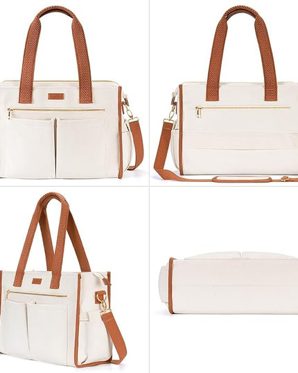Canvas Tote Bag for Women, 15-Pockets Work Laptop Tote Purse Large Crossbody Nurse Teacher Bible Bag for School Travel Daily | with Strap & Zipper, Multi Compartment, Stand Upright Stably, College Shoulder Bag, Clinical Nursing Bag, Ideal Gift for Women