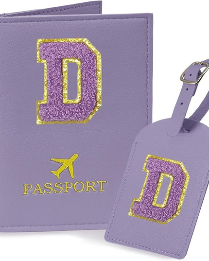 COSHAYSOO Initial Passport Cover Luggage Tag Set Letter Passport Holder Airplane Cruise Travel Essentials Vacation Traveling Accessories Personalized Gifts for Women Teen College Girls Purple D