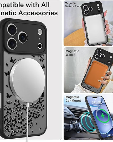 Cute Case for iPhone 17 Pro Max Case with Stand [ Compatible with MagSafe ] Kawaii Black Cat & Floral & Butterflies Pattern Design 360 Magnetic Ring Kickstand Phone Cover for Women Girls Boys
