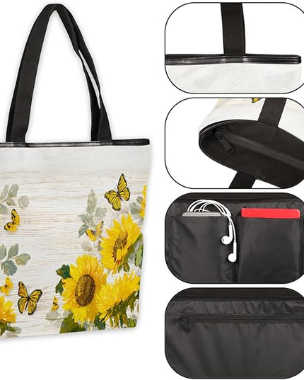 Pardick Canvas Tote Bags, Sunflower Wood Butterfly Tote Bag Eco Friendly Reusable Grocery Shopping Bagsfor Beach, Books, Women with Zipper Inner Pocket