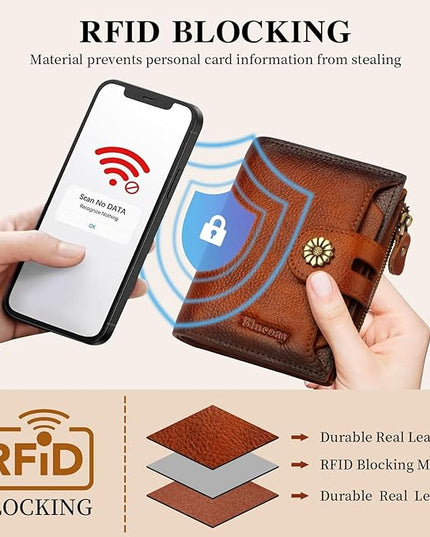 Blucoay Wallet Women,RFID Blocking Leather Womens Wallet Bifold Compact Card Holder Small Wallet for Women with Removable ID Window Brown