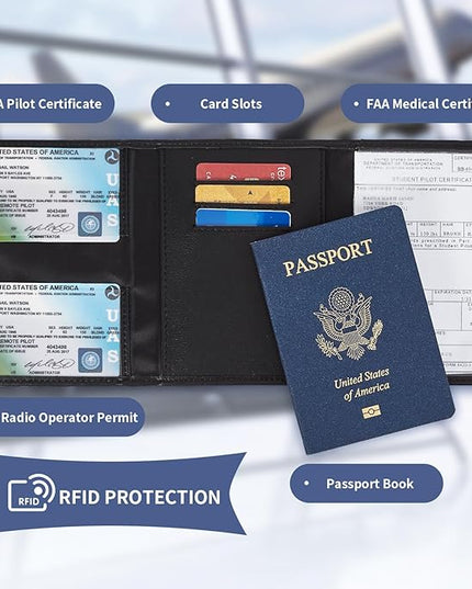 Pilot Wallet Passport Holder for Travel - RFID Blocking Genuine Leather Travel Document Holder with Gift Box Passport Wallet for Pilots Men and Women