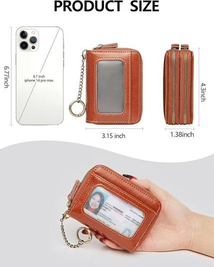 TFKGS Credit Card Holder for Women RFID Wallet Leather Womens Wallet with Zipper Blocking Keychain Card Accordion Wallets Gifts for Women Brown