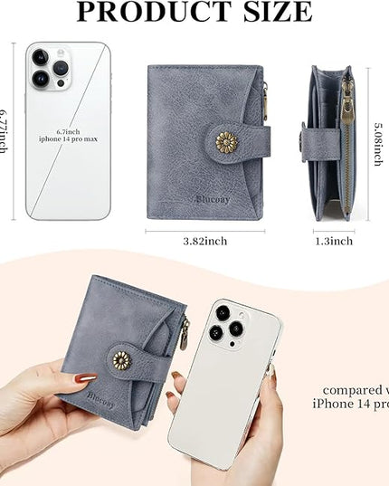 Blucoay Womens Wallet,RFID Blocking Wallet Women Soft Leather Bifold Small Wallets For Women Card Holder With Removable ID Window(greyblue)
