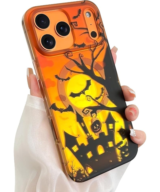 Halloween Case for iPhone 17 Pro Max Case [ Compatible with Magsafe ] Holographic Orange Sky with Black Castle, Bats, Ghosts, Pumpkins Pattern Design, Creative Magnetic Protective Phone Cover