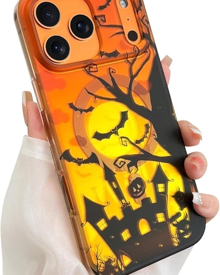 Halloween Case for iPhone 17 Pro Case [ Compatible with Magsafe ] Holographic Orange Sky with Black Castle, Bats, Ghosts and Pumpkins Pattern Design, Creative Magnetic Protective Phone Cover