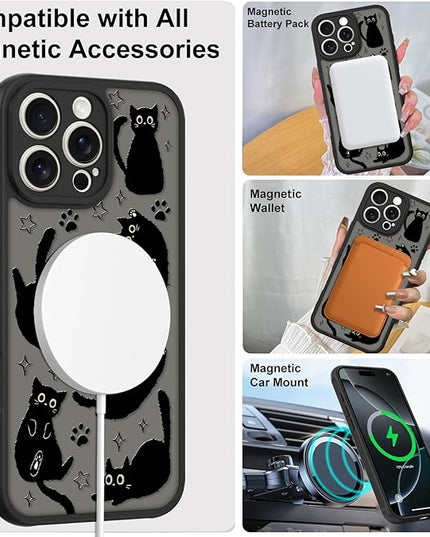 Cute Magnetic Case for iPhone 16 Pro Case [ Compatible with MagSafe ] with Black Cat Cats Pattern Design for Women Girls Boys, Soft Bumper Hard Back Kawaii Animal Protective Phone Cover