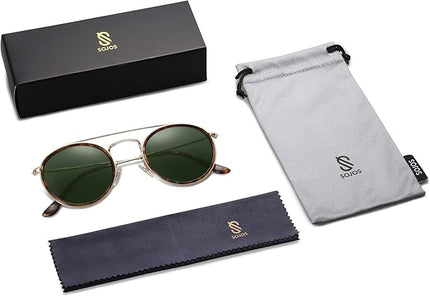 SOJOS Retro Vintage Round Polarized Sunglasses for Women Men Small Double Bridge Circle Sunnies SJ1104