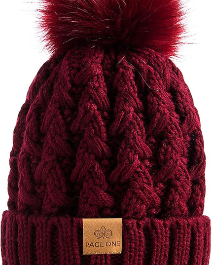 PAGE ONE Womens Winter Ribbed Beanie Crossed Cap Chunky Cable Knit Pompom Soft Warm Hat