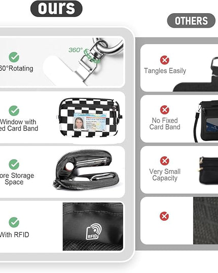Clip and Go Strap for Phone with Wallet Crossbody Phone Lanyard and Detachable Checkered Bag with ID Window and RFID Pouch for Daily Travel.